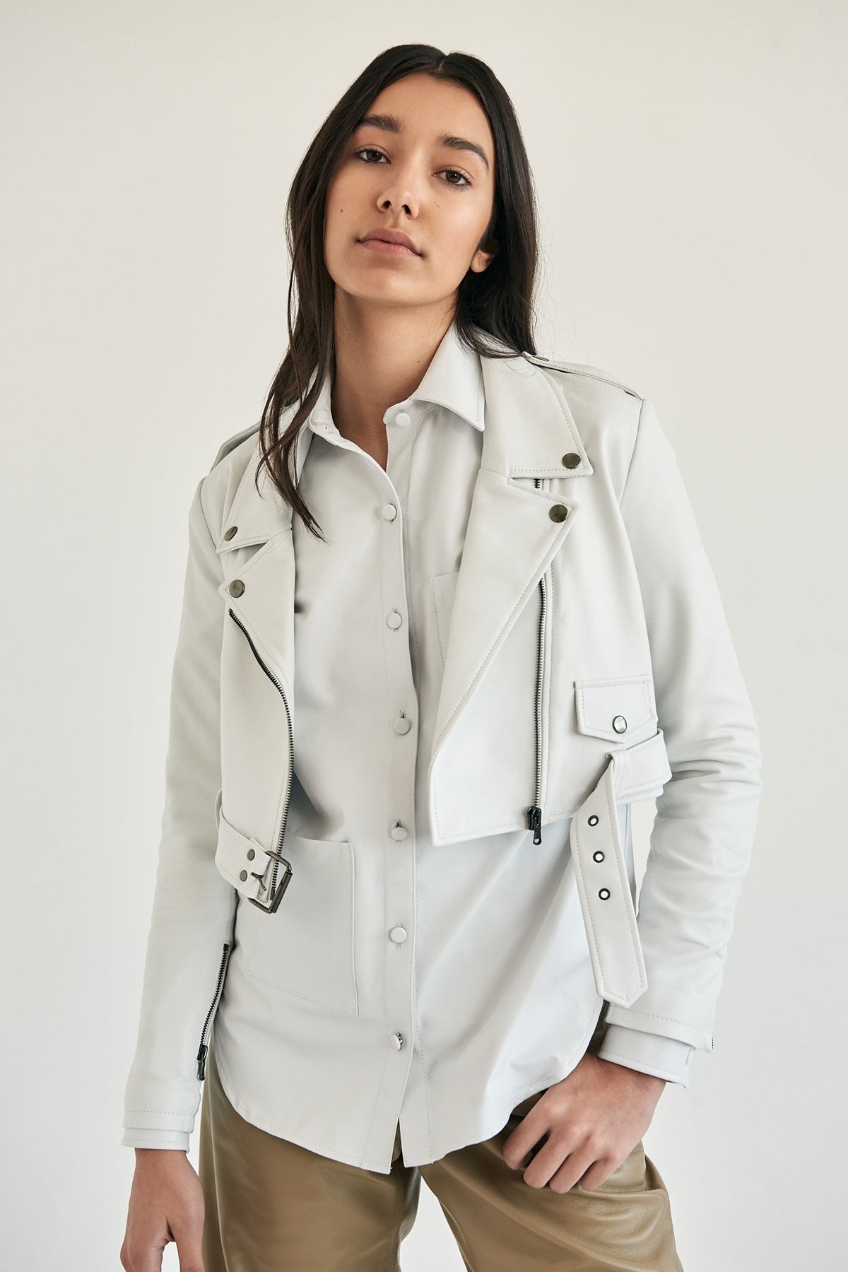 Cropped Leather Jacket in White Crop Moto Jacket in White