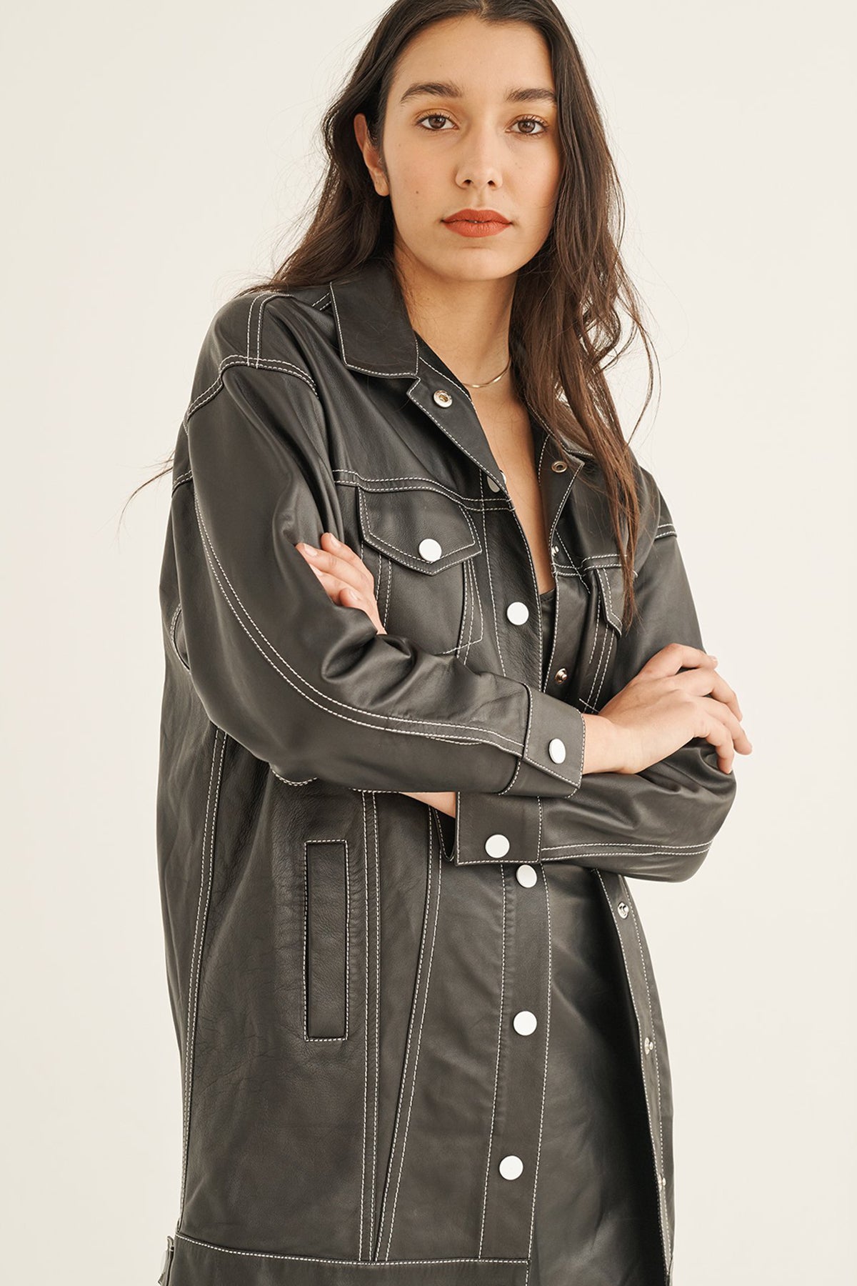 women's long black leather jacket