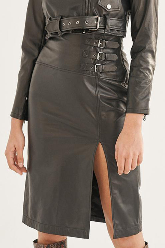 black leather long skirt