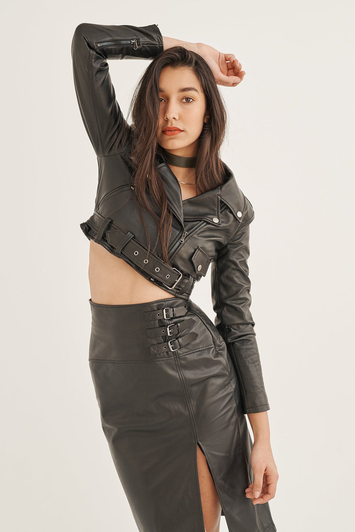 cropped leather jacket black