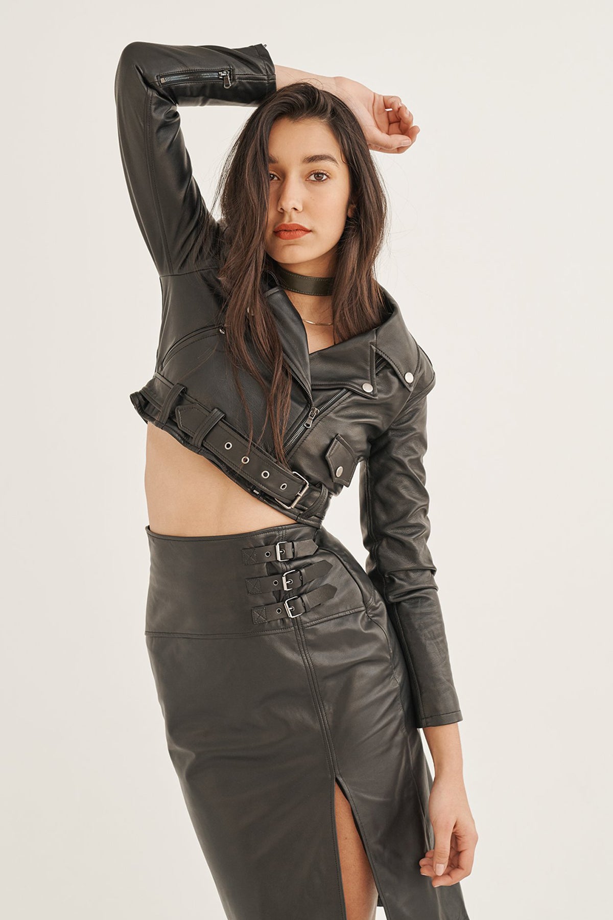 black leather long skirt