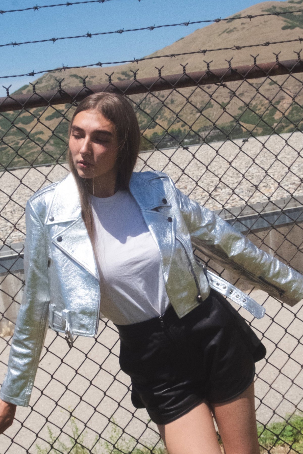 silver cropped leather jacket