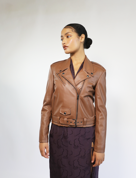 cropped leather jacket brown