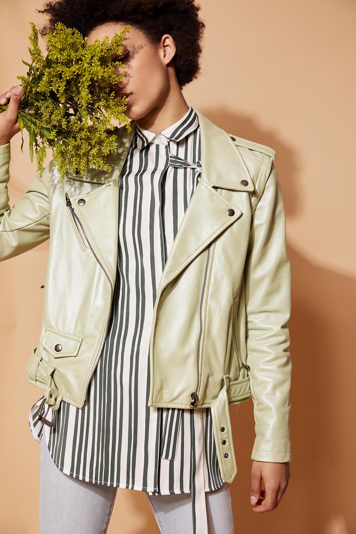Pearlized Moto Jacket in Sage